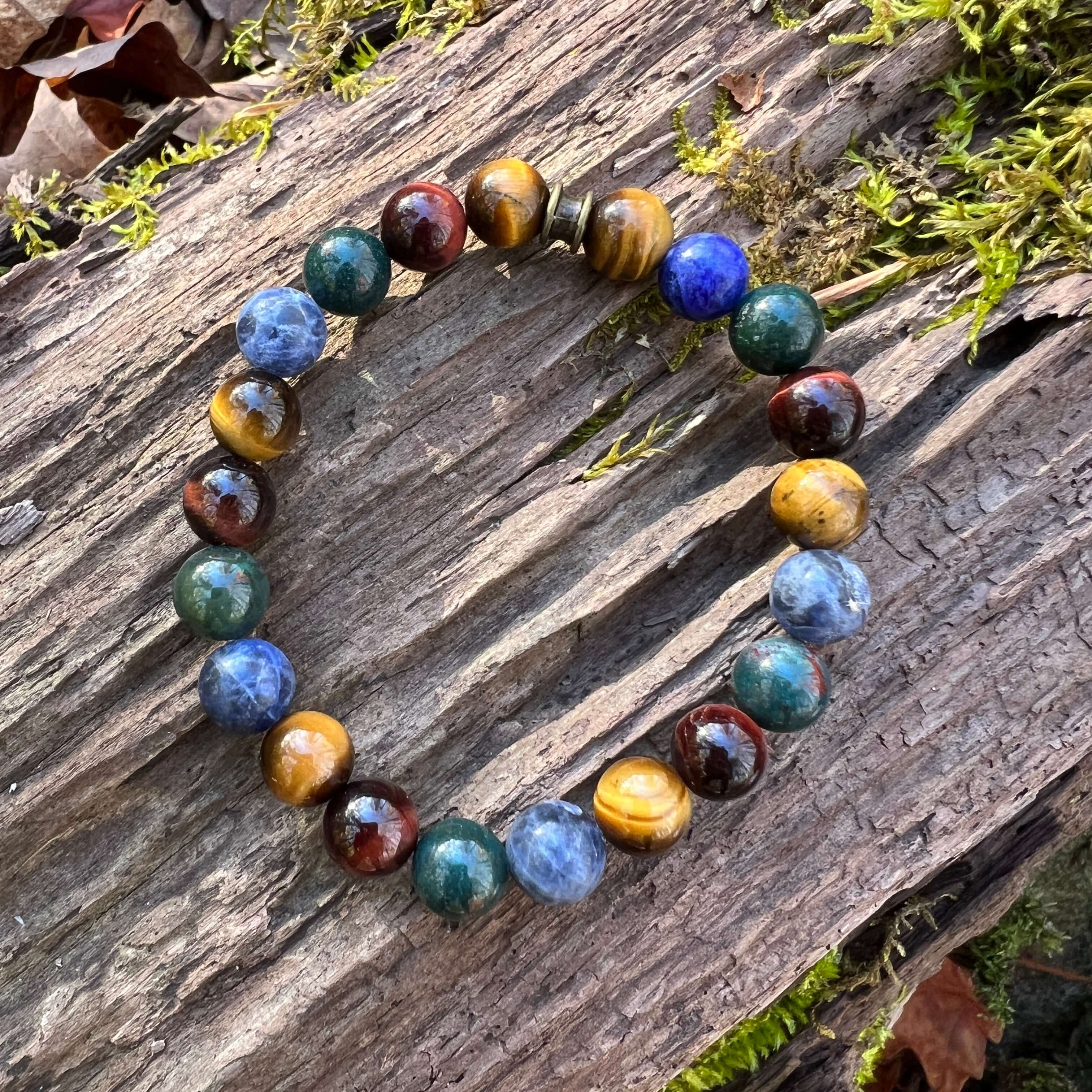 Deep Woods Bracelet This bracelet is made with two types of Tiger Eye stones, along with Bloodstone and Sodalite. Brought together, this creates a very rooted and grounded energy, allowing the wearer to be clear minded, as well as feeling very secure and