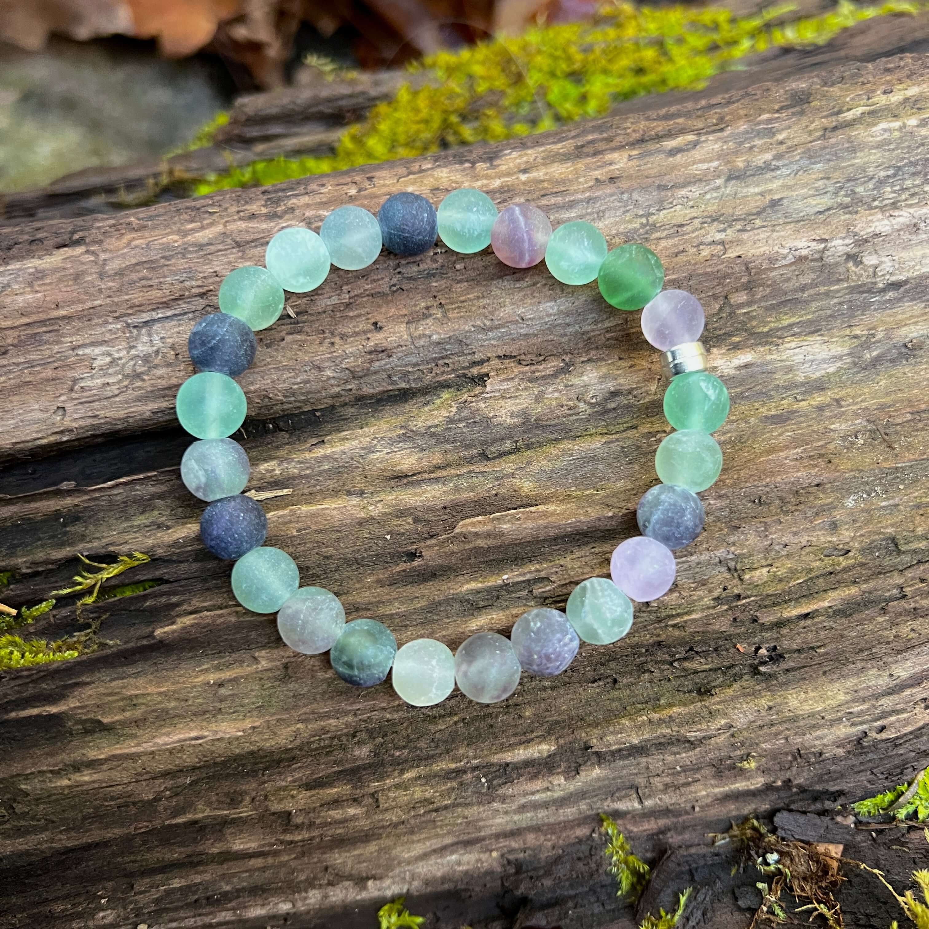 Fluorite Frosted Bead Bracelet This bracelet is made with high-quality Frosted Fluorite stones which bring intuition and stability to the wearer. Zodiac Sign: Capricorn. Chakra: Heart. Handmade with authentic crystals and gemstones in Minneapolis, MN.