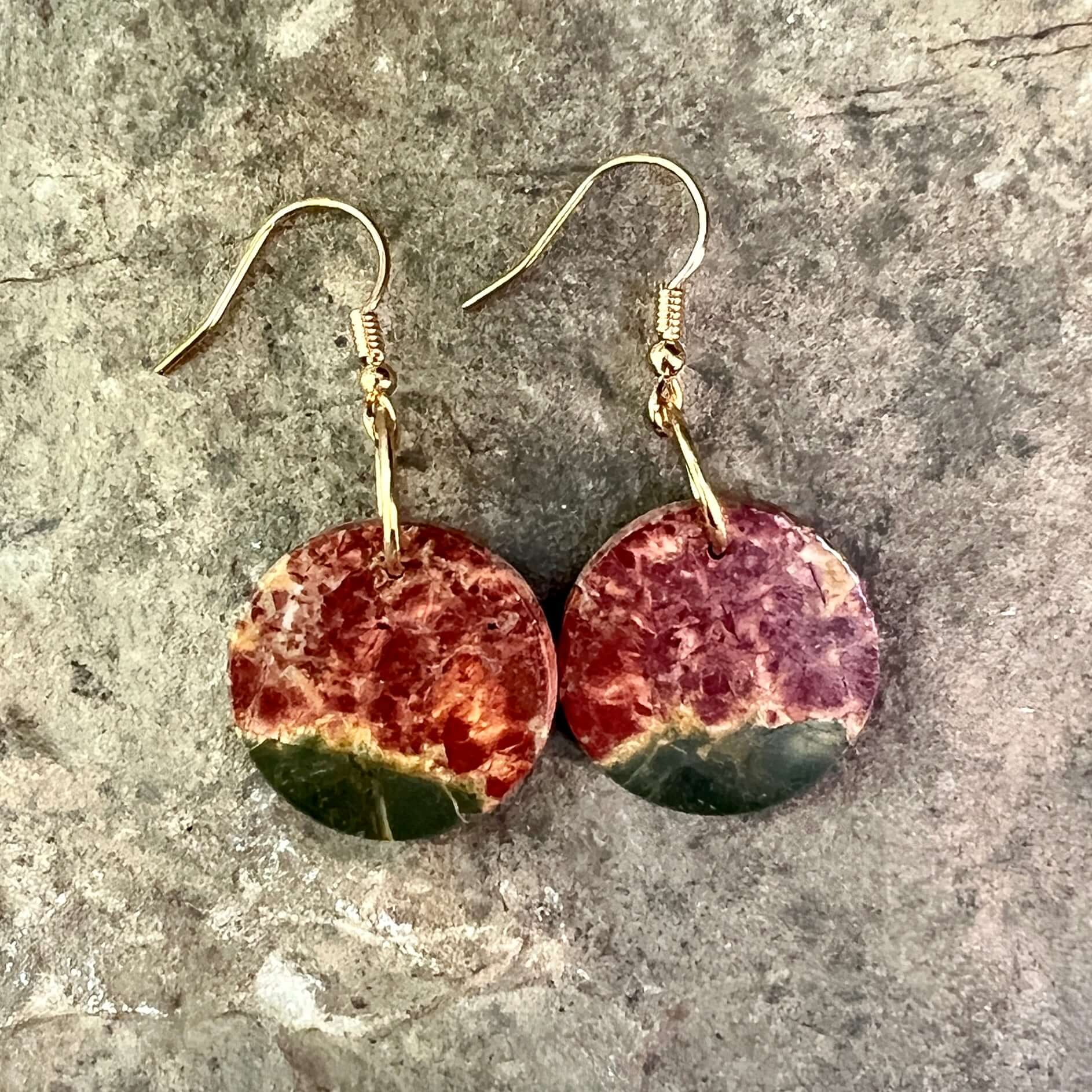 Red Creek Jasper Circle Earrings These earrings are made with high-quality Red Creek Jasper gemstones which bring balancing energy to the wearer. Zodiac Signs: Aries, Scorpio Chakras: Root, Sacral. Handmade with authentic crystals & gemstones in Minneapol