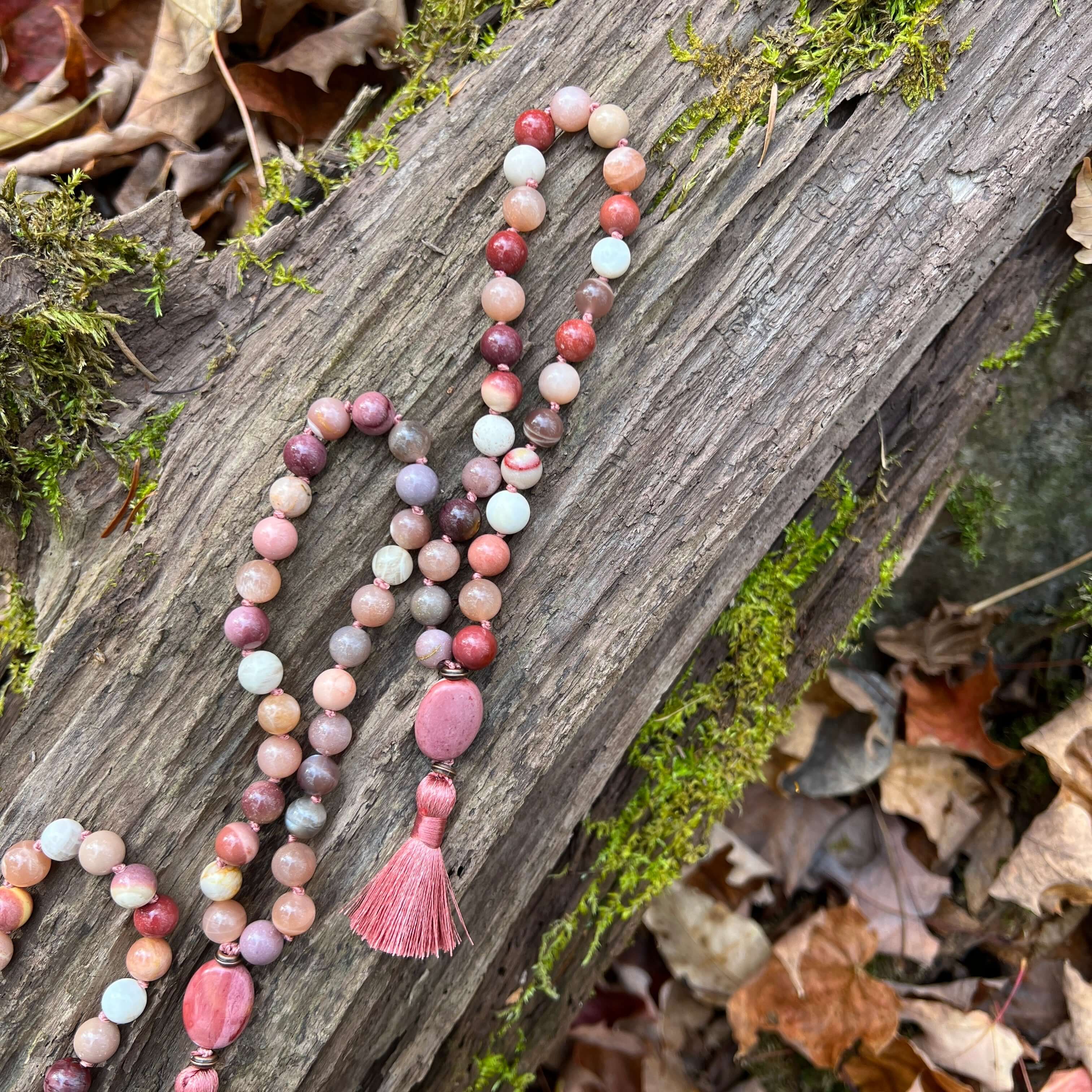 Moonstone and Mookaite Mala Bracelet Elevate your spirit with a handcrafted Moonstone and Mookaite Mala Bracelet, a harmonious blend of these two powerful gemstones which will bring the user a sense of inner growth and enhanced intuition.
