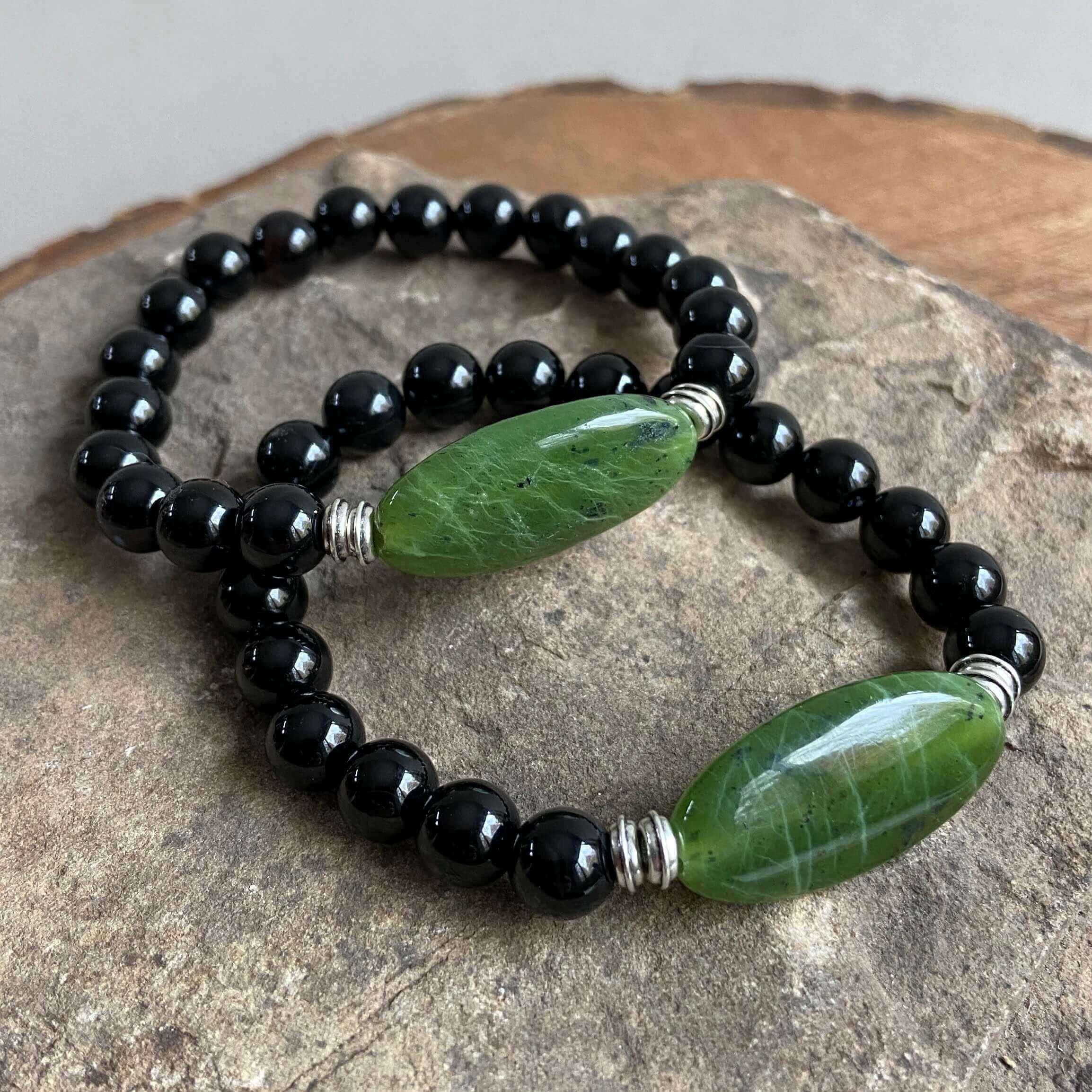 Jade Focal Bracelet This bracelet is made with high-quality Jade and either Black Onyx or Obsidian stones which bring calm and insight to the wearer. Zodiac Signs: Capricorn, Gemini, Libra, Taurus, and Virgo. Chakra: Heart. Handmade with authentic crystal