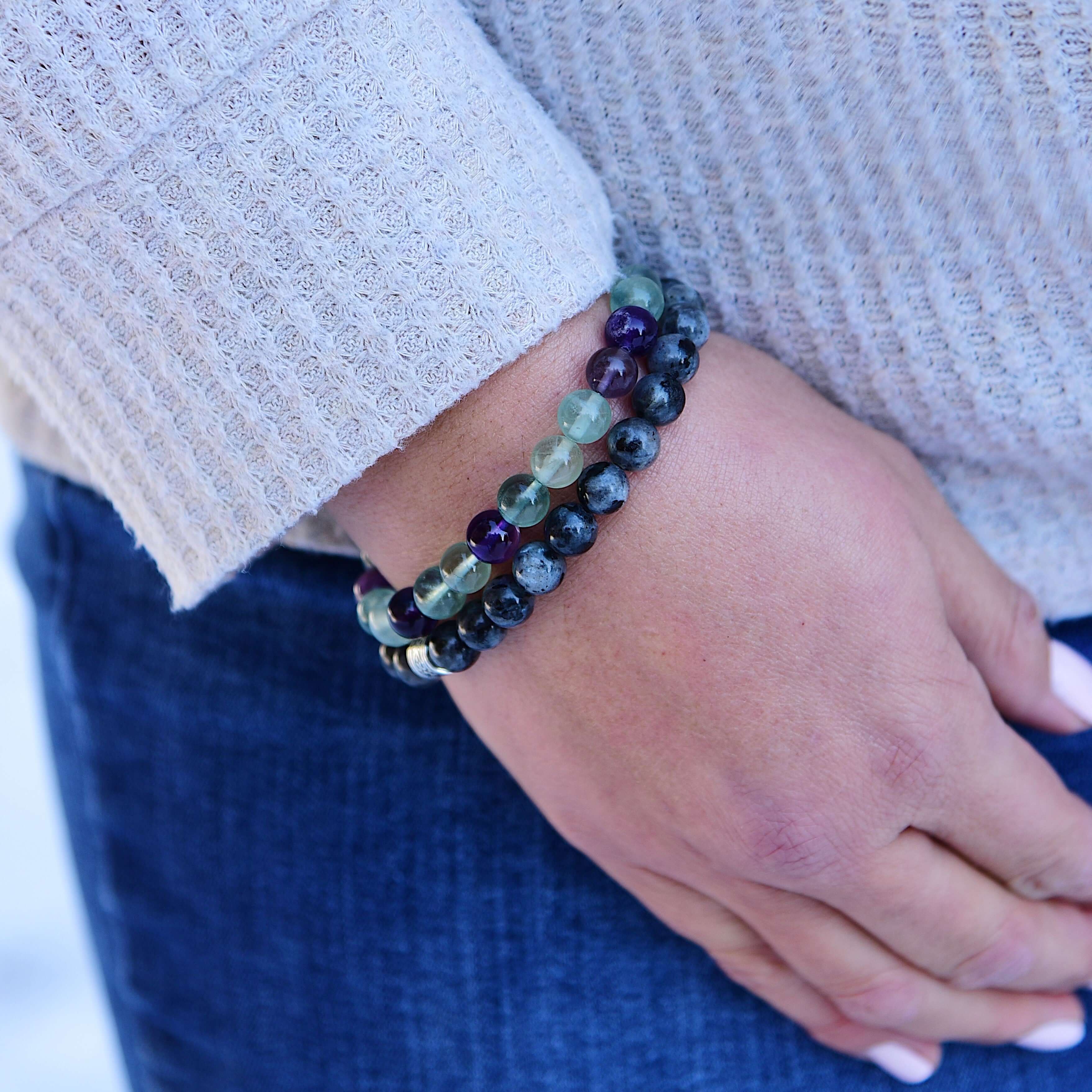 Larvikite Bracelet This bracelet is made with high-quality Larvikite stones which bring protection and a strong connection to nature to the wearer. Zodiac Signs: Aquarius. Chakras: Root and Third Eye. Handmade with authentic crystals & gemstones in Minnea