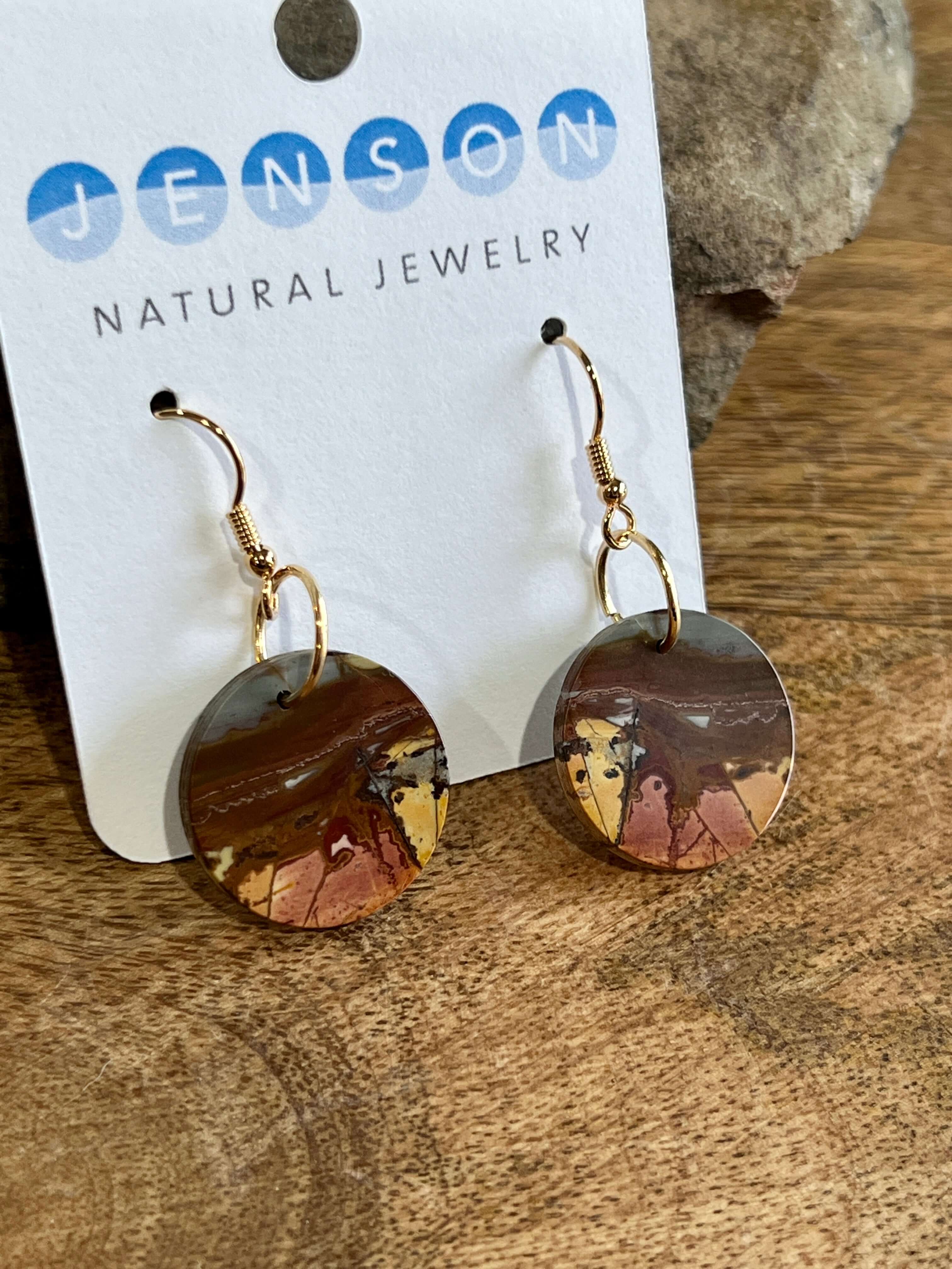 Red Creek Jasper Circle Earrings These earrings are made with high-quality Red Creek Jasper gemstones which bring balancing energy to the wearer. Zodiac Signs: Aries, Scorpio Chakras: Root, Sacral. Handmade with authentic crystals & gemstones in Minneapol