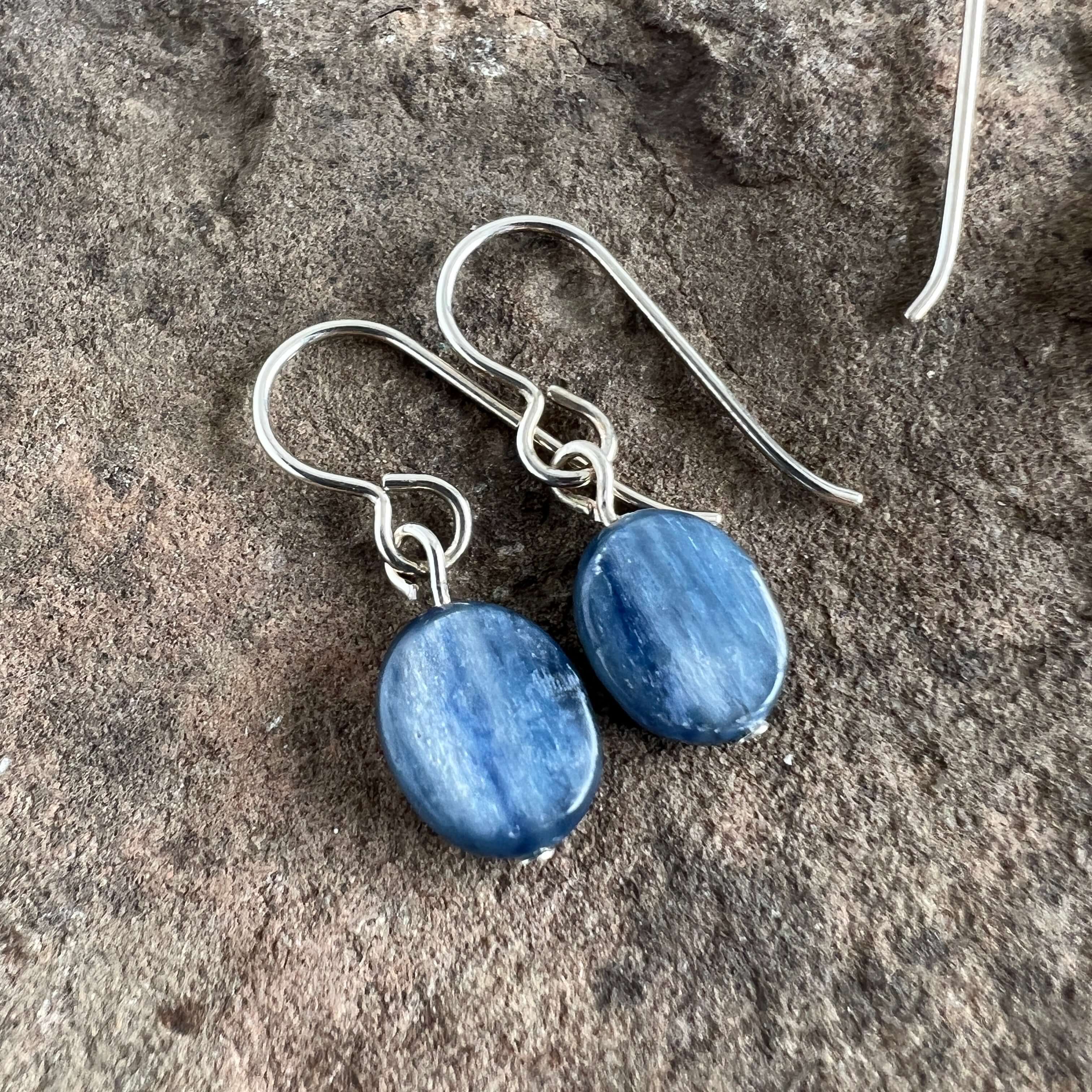 Kyanite Earrings These earrings are made with Kyanite gemstones which help in seeking truth through focus and logic. Zodiac Signs: Aries, Taurus & Libra. Chakras: All. Handmade with authentic crystals & gemstones in Minneapolis, MN.