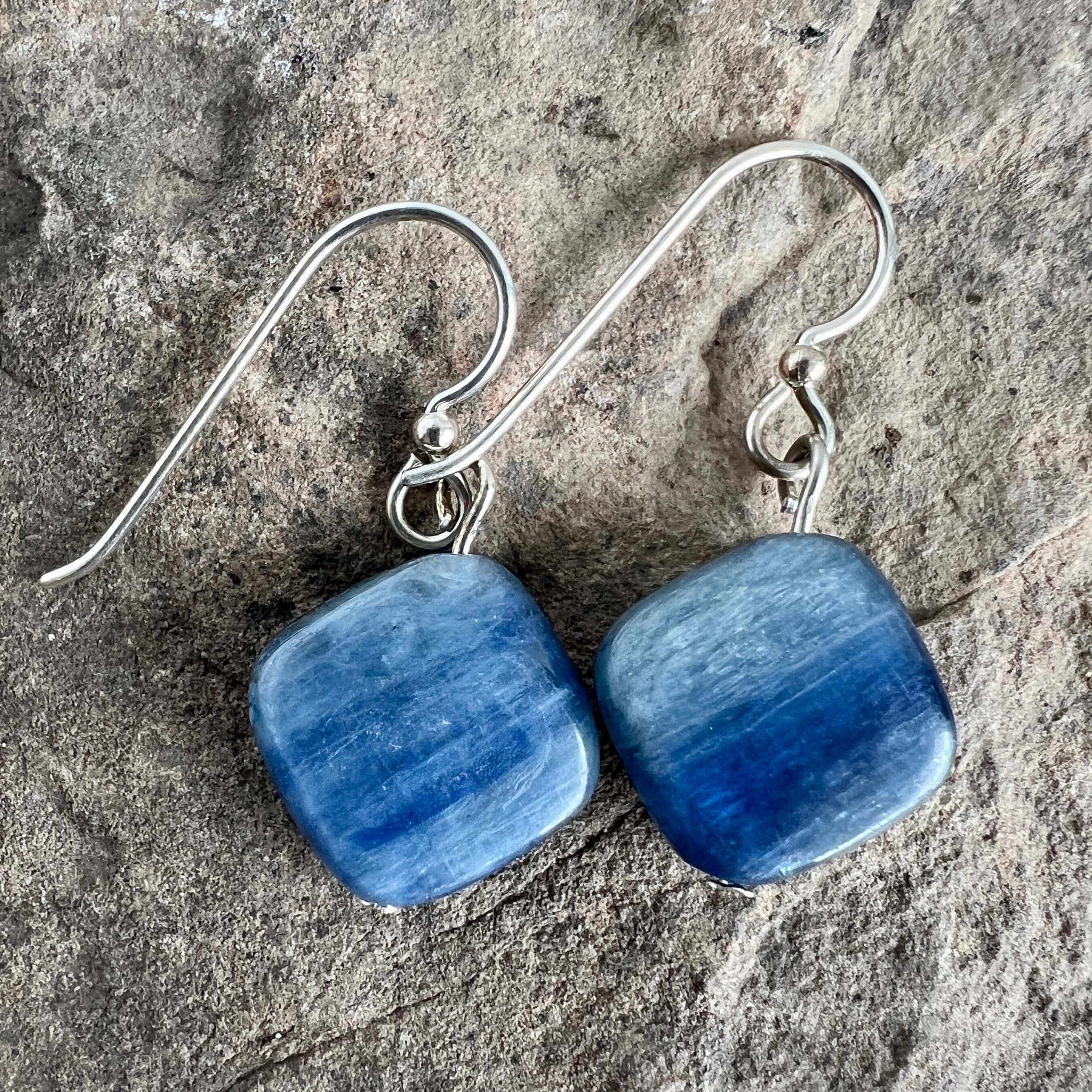 Kyanite Earrings These earrings are made with Kyanite gemstones which help in seeking truth through focus and logic. Zodiac Signs: Aries, Taurus & Libra. Chakras: All. Handmade with authentic crystals & gemstones in Minneapolis, MN.