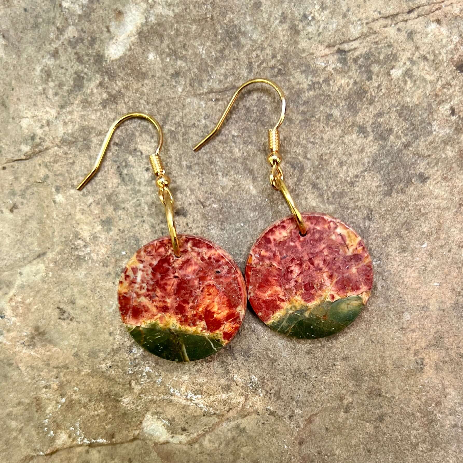 Red Creek Jasper Circle Earrings These earrings are made with high-quality Red Creek Jasper gemstones which bring balancing energy to the wearer. Zodiac Signs: Aries, Scorpio Chakras: Root, Sacral. Handmade with authentic crystals & gemstones in Minneapol