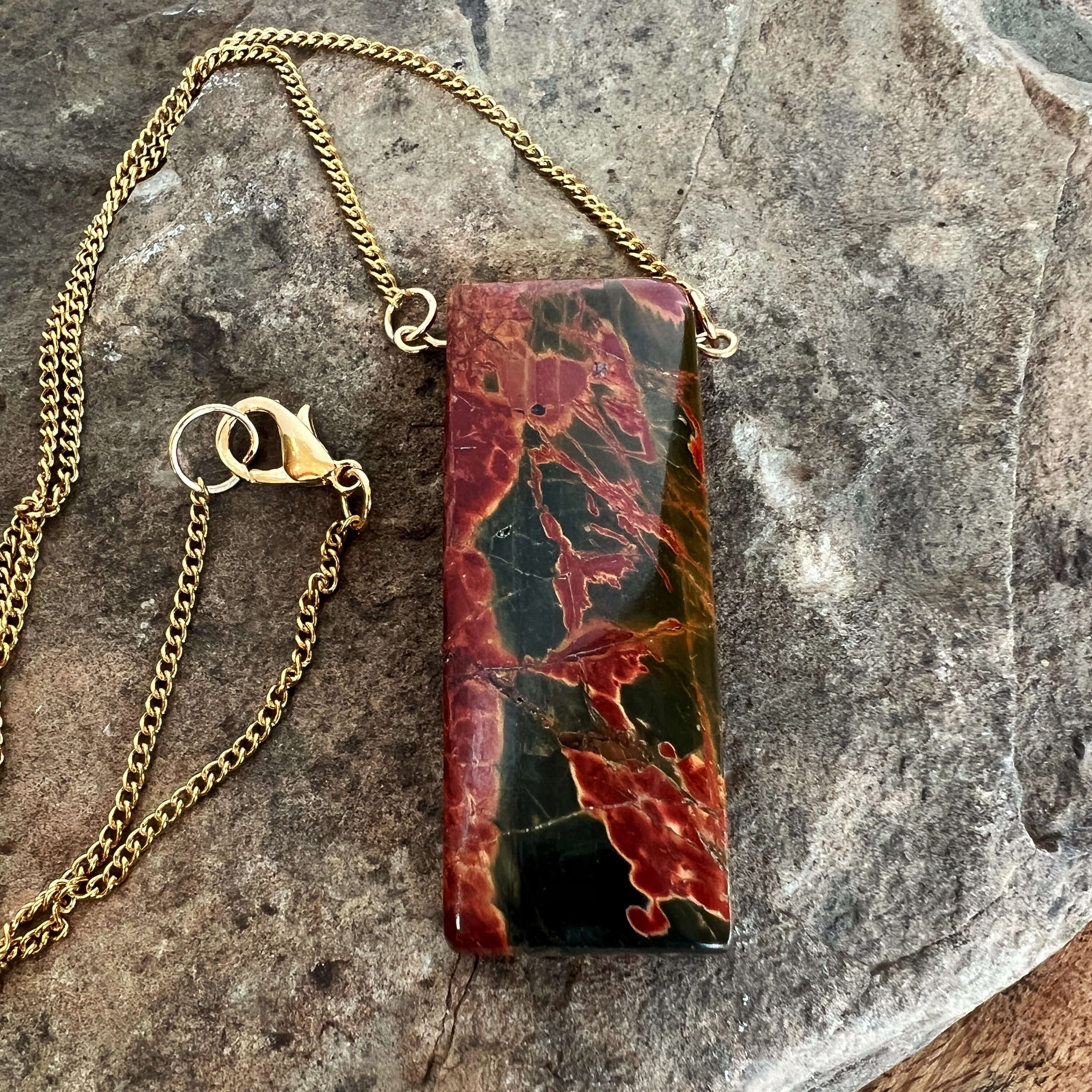 Red Creek Jasper Focal Chain Necklace These necklaces are made with chain and Red Creek Jasper stones which promotes balance and harmony in the wearer. Zodiac Signs: Scorpio & Aries. Chakras: Root & Sacral. Handmade with authentic crystals and gemstones i