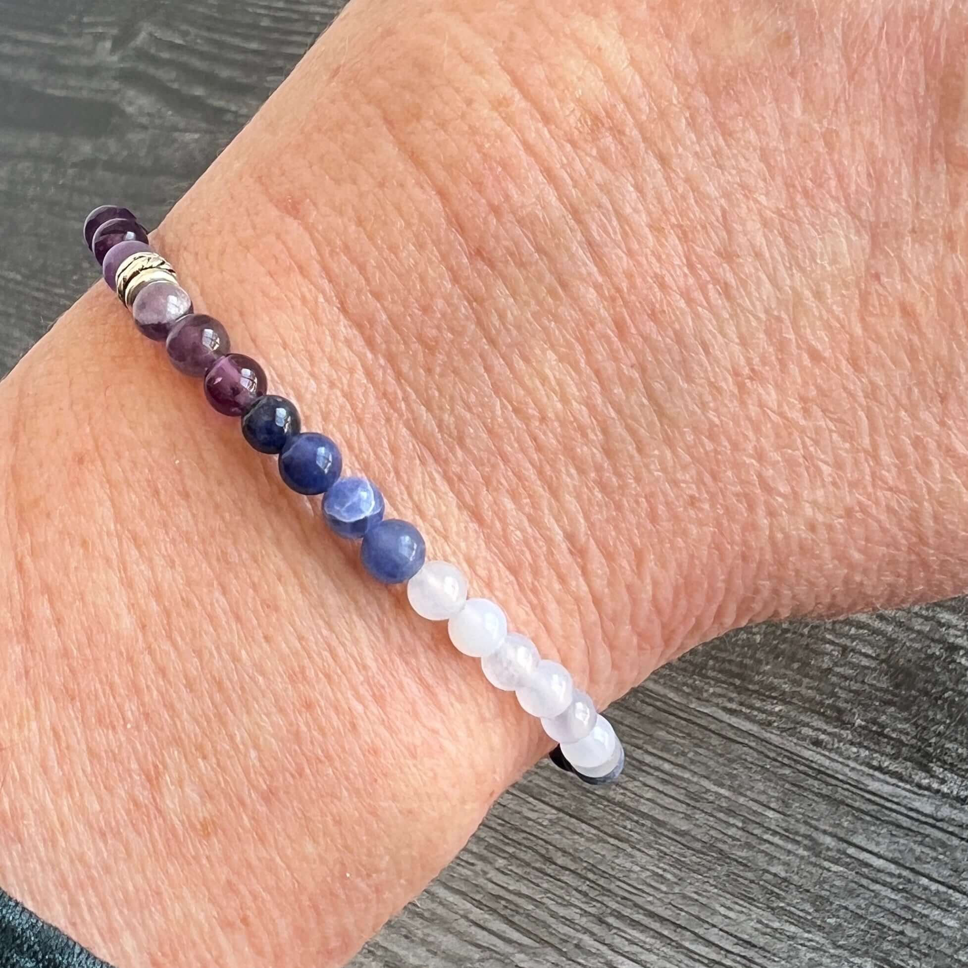 Twilight Bracelet This bracelet is made with Amethyst, Sodalite, and Blue Lake Agate which can heighten intuition and assist you to think logically and speak with clarity.